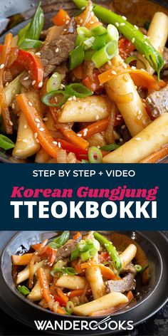 korean stir fry with beef and vegetables in a wok on the side, text overlay reads step by step video