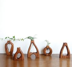 five wooden vases with plants in them on a wood table next to a white wall