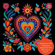 a colorful heart surrounded by flowers and leaves on a black background with the words sublimation png transsevennt background 500 df at up to date