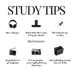 the words study tips are written in black on a white background with headphones and other items