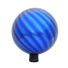 a blue striped glass ball on a black plastic base, with a white back ground