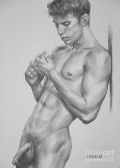 a pencil drawing of a naked man with his arm around the other half of his body