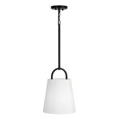 a light fixture with a white shade hanging from it's end and a black metal frame