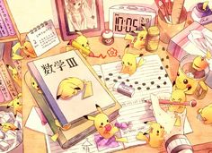 a drawing of pikachu and other items on a desk with the time displayed