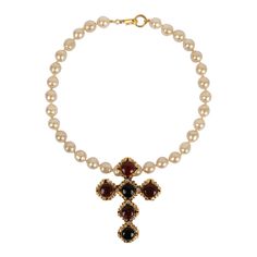 Chanel - (Made in France) Necklace made of pearly fancy pearls and a cross pendant in gold metal, Swarovski rhinestones and glass paste. Work of the Gripoix workshop for the Chanel house. Additional information: Dimensions: Length: 49 cm - Dimensions of the cross: 9 cm x 7 cm Condition: Very good condition Seller Ref number: CB42 Chanel House, Chanel Pearl Necklace, Necklace With Cross, Chanel Pearl, Chanel Necklace, Chanel Pearls, Gold Chanel, Chanel Accessories, Made In