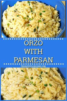 two pictures of rice with parmesan and green onions in a blue bowl on a wooden table