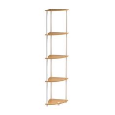 three tiered shelving unit in white and oak