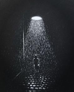 a drawing of a person walking up some steps in the rain with an umbrella over their head