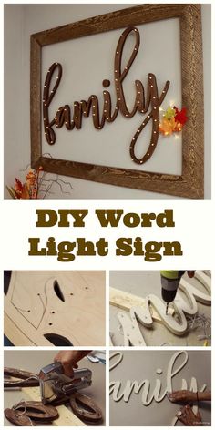 diy word light sign made out of wood and metal