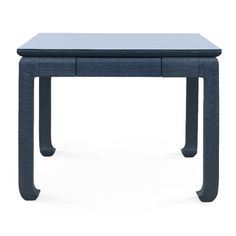 a blue table with two drawers on each side and one drawer at the top that is open