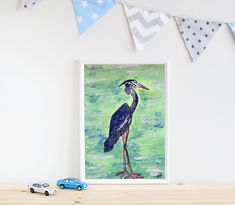 Bring a touch of whimsy to any room with this charming blue heron print! Originally hand-painted in acrylic, this quirky bird illustration is perfect for kids' bedrooms, playrooms, or anywhere in the home that needs a splash of playful color. Downloadable for instant decor, this digital print makes it easy to add a unique, nature-inspired piece to your space. Unique Nature, Blue Heron, Kids Bedrooms, Bird Illustration, Kids Bedroom, Nature Inspired, Print Making, Nature Inspiration, Digital Art