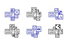 six different types of public space signs in blue and black on a white background with the words public space above them