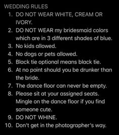 a black and white photo with instructions on how to use the wedding rules for photography