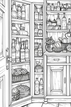 a black and white drawing of an open refrigerator with food in the door, inside