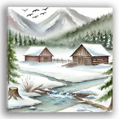 watercolor painting of cabin in the mountains with stream and birds flying over it,