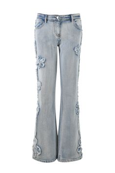 Details Light blue denim jeans with vintage wash Fitted style with flared leg Mid-rise waist Waistband features 6 belt loops and silver button and fly front zip front closure Functional hip and back pockets Distressed patchwork detail in replicate denim flowers and vines on outseams of legs Featuring 'G' embroidery artwork in contrast silver diamante - Custom print is created with applique diamantes. Exclusive I.AM.GIA placement print designed in-house by our design and graphics team Unlined - T Light Blue Denim Jeans, Embroidery Artwork, Placement Print, Denim Flowers, Denim Pants Women, Silver Button, I Am Gia, Fitted Style, Light Blue Denim