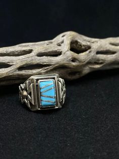 "Native American Zuni sleeping Beauty Turquoise Sterling Silver Mens Ring .925 Size 10 Condition is New with tags. Shipped with USPS First Class. This ring is made with the famous Zuni style; Inlay Inlay is the process of hand-cutting each stone to fit in a flush surface. As you can see, the stones are also slightly raised to give it a textured feeling. There is also Sterling silver slivers inlayed as well separating each individual stone. There is very beautiful silver work on each side of the American Rings, Silver Mens Ring, Long Ring, Native American Rings, Sterling Silver Mens Rings, Mens Silver Rings, Silver Work, Mens Ring, Sleeping Beauty Turquoise