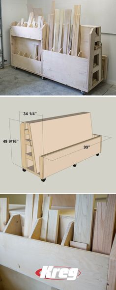 the plans for a bench are shown in three different stages, including one being built