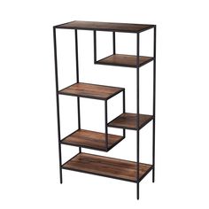 three tiered shelving unit with metal frame and wood shelves on each side, against a white background