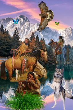 a collage of native americans and their animals