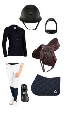 equestrian gear including riding boots, helmet and saddle