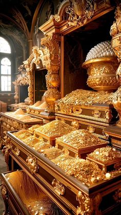 gold jewelry is on display in an ornate room