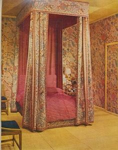 a painting of a canopy bed in a bedroom