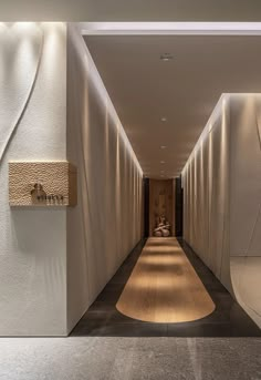 the hallway is lined with white walls and wood flooring, along with modern lighting