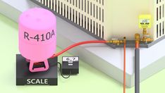 a pink gas tank connected to a meter on top of a black box with the word scale