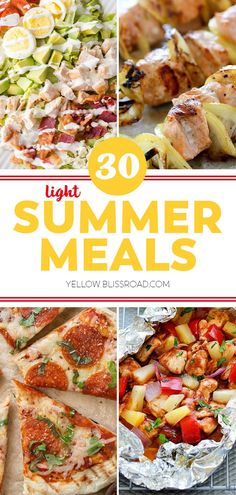 the words light summer meals are overlaid with pictures of different types of food