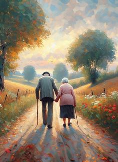 an elderly couple walking down a country road holding hands in the sunlit countryside, with trees and flowers on either side