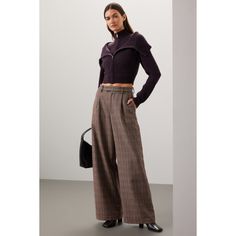 Brown plaid twill (80% Polyester, 20% Wool). Pants. Front zipper fly with button closure. 31" inseam. 15.5" rise. 25" leg opening. Imported. Wide Leg Plaid Pants, Professor Aesthetic, Plaid Trousers, Ronny Kobo, Rent The Runway, Closet Designs, Brown Plaid, Plaid Pants, Wool Pants