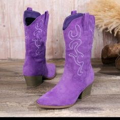 Womens Purpleembroidered Wedge Slip-On Boots Slip-On Upper Material: Fabric Lining Material: Fabric Insole Material: Pu Leather Outsole Material: Tpr Slip On Dress, Womens Chunky Heels, Dress Boots, Slip On Boots, Comfortable Boots, Calf Boots, Girls Boots, Mid Calf Boots, Cowgirl Boots