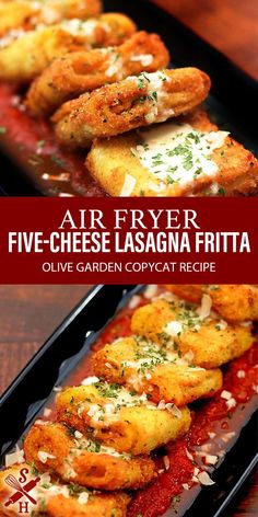 three different types of fried food on a tray with sauce and parmesan cheese