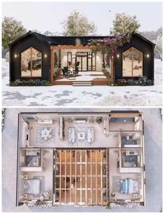 two pictures showing the inside and outside of a house with an open floor plan on each side