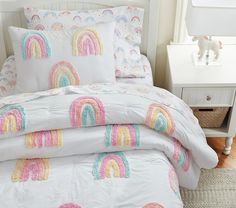 Candlewick Rainbow Comforter & Shams | Pottery Barn Kids Girls Bedroom Rainbow Theme, Rainbow Bedroom Ideas Kids, Rainbow Girls Bedroom, Rainbow Bedroom Decor, Rainbow Themed Bedroom, Rainbow Comforter, Bedroom Finds, Girl Comforters