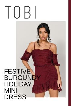 Look cute in this festive burgundy holiday mini dress. Can you imagine getting dress up cocktail party gowns for Christmas and New Year's Eve outfits on sale? Now's your chance to save. Why pay more when you can get gorgeous winter festivity clothing and beautiful formal attire for ladies at affordable prices from TOBI. #shoptobi #holidaydresses #minidresses Party Fashion Outfits, Cocktail Party Gowns, Semi Formal Cocktail Dress, Christmas Fashion Outfits, Christmas Party Fashion, Red Holiday Dress, Trendy Jumpsuit, Perfect Summer Outfit, Lace Up Flats