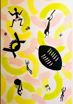 an abstract painting with people dancing and jumping in the air on yellow and pink background