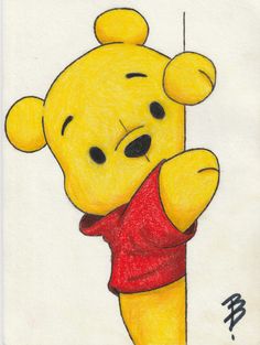 a drawing of winnie the pooh holding on to a pole with her arms crossed