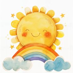 a cartoon sun with a rainbow in the sky and stars on it's back