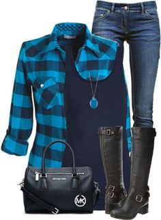 Blue Plaid Shirt, Blue Necklace, 가을 패션, Komplette Outfits, Black Tank, Fall Winter Outfits, Blue Plaid, Single Piece, Look Fashion