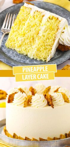 there is a cake with white frosting on the top and pineapple layer cake on the bottom