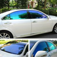 the side view of a white car with trees reflected in it