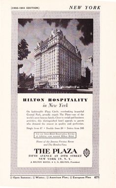 an advertisement for the plaza hotel in new york