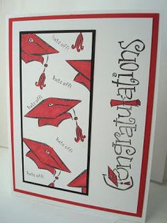 a red and white card with graduation caps on it