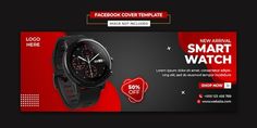 a smart watch advertise on a red and black background with the text facebook cover template