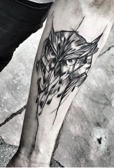 an owl tattoo on the left arm and leg is shown in black and grey ink