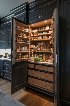 an open refrigerator in a kitchen with lots of food on the shelves and cupboards