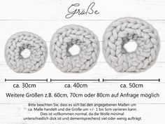 three crocheted donuts are shown on a white wooden background with measurements for each item