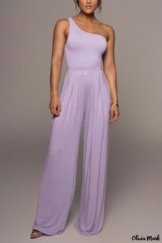 Olivia Mark - One-shoulder Neckline Cinched Waist Solid Knit Wide Leg Jumpsuit High Waist Jumpsuit, Purple Jumpsuit, Sleeveless Outfit, Brown Outfit, Wide Leg Jumpsuit, Cinched Waist, High Waisted Pants, Dressmaking, One Shoulder